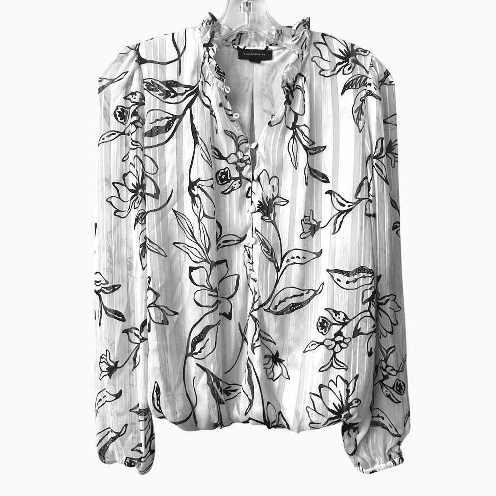 Tamara H Womens XS Black White Floral Ruffle Button Blouse Metallic Stripe